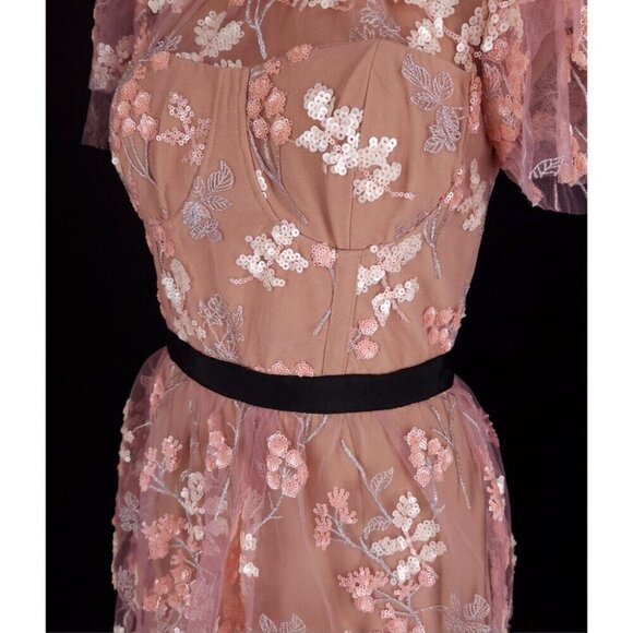 Self-Portrait Lace And Sequin Floral Midi Dress Size US 4 Pink $550 - Picture 6 of 16